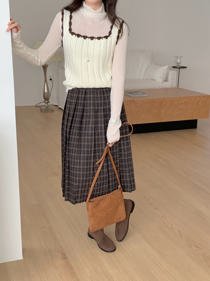 BIEN GARDER東大門實拍女裝新款熱賣推薦休閑長裙格子褶裥BIEN GARDER長裙