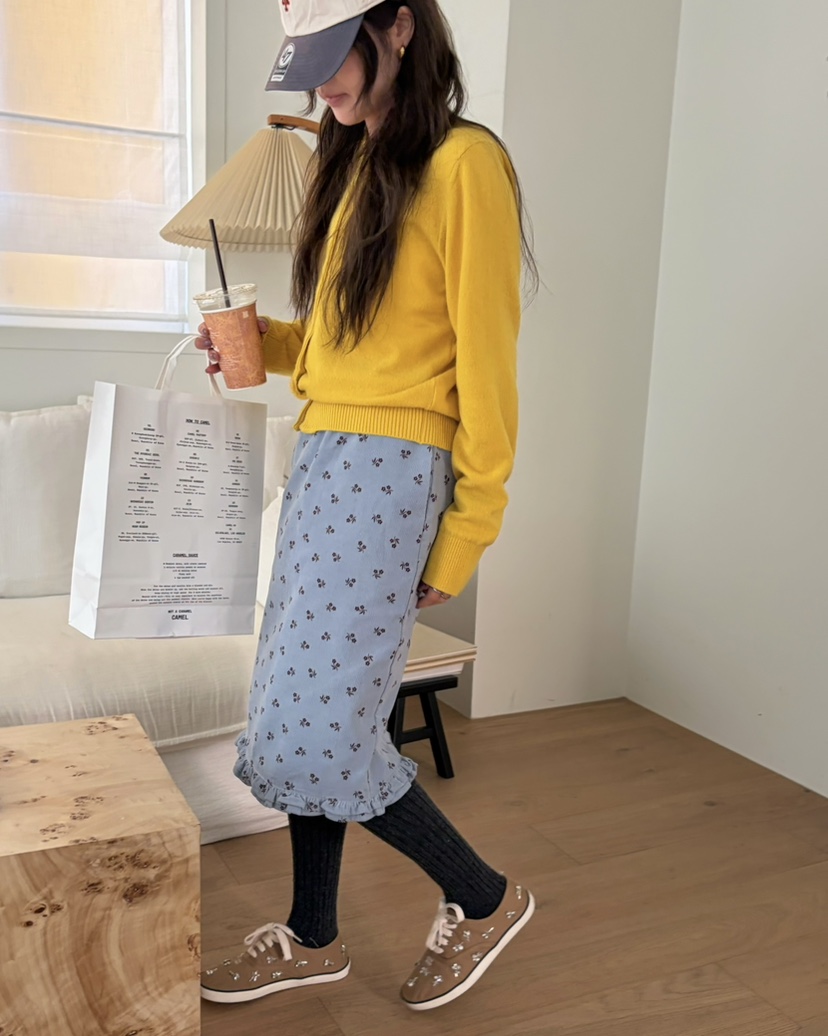 PEBBLE韓國代購女裝新款休閑推薦時尚人氣半身裙中短裙花朵PEBBLE半身裙/中短裙