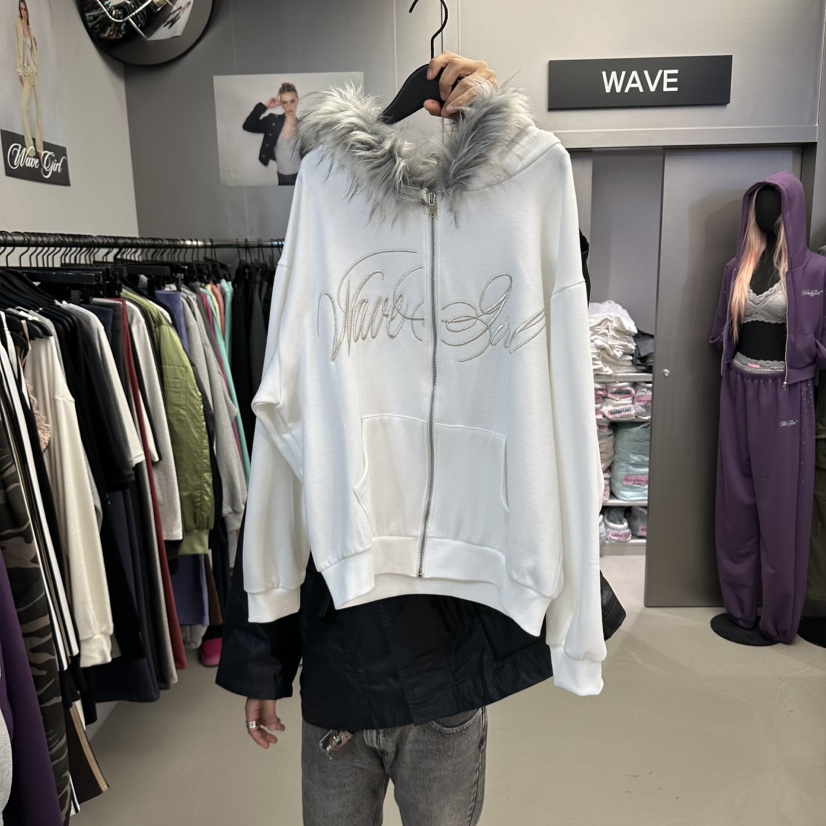 WAVE東大門實拍女士新款人氣衛衣拉鏈連帽衫連帽衫加絨毛絨波紋WAVE衛衣圖色1