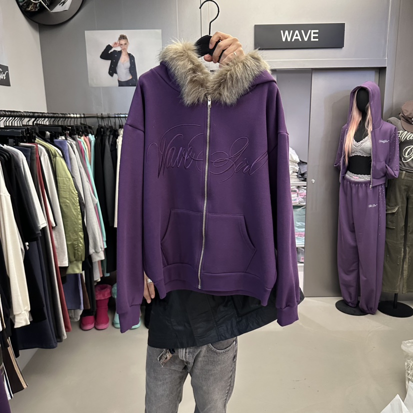 WAVE東大門實拍女士新款人氣衛衣拉鏈連帽衫連帽衫加絨毛絨波紋WAVE衛衣圖色3