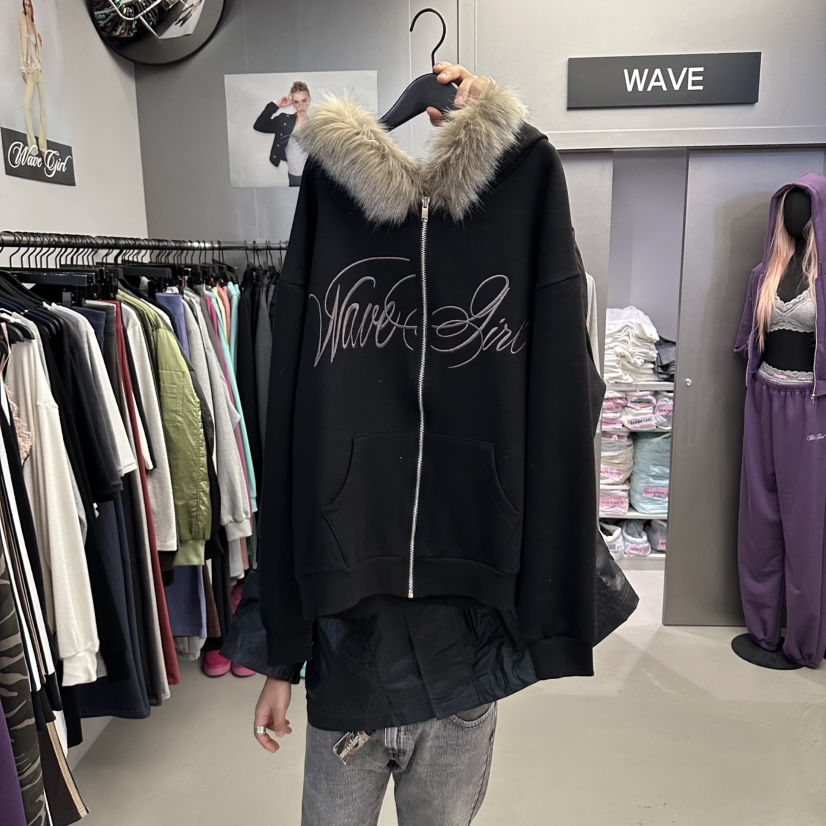 WAVE東大門實拍女士新款人氣衛衣拉鏈連帽衫連帽衫加絨毛絨波紋WAVE衛衣圖色4
