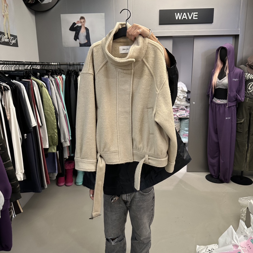 WAVE韓國代購女士新款真品休閑時尚人氣推薦短款大衣含腰帶WAVE短款大衣圖色1