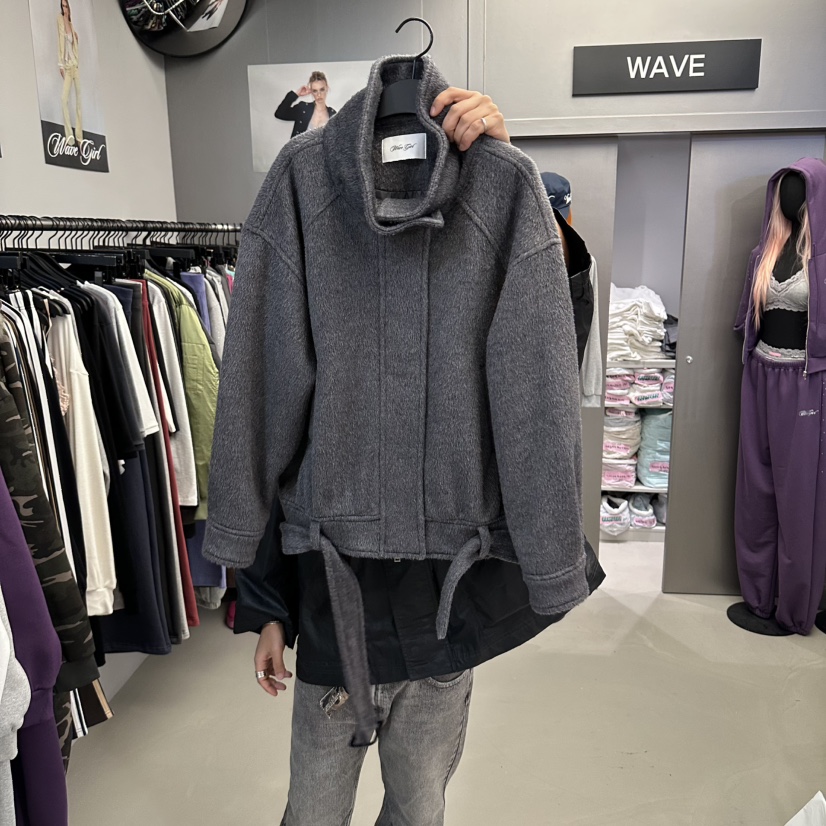 WAVE韓國代購女士新款真品休閑時尚人氣推薦短款大衣含腰帶WAVE短款大衣圖色2