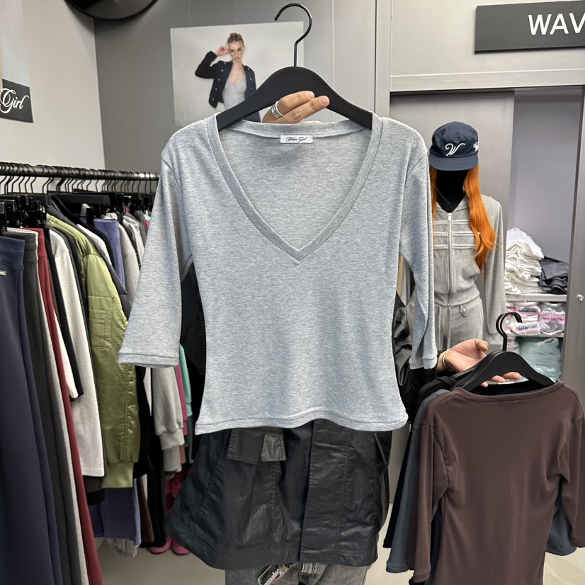 WAVE東大門代購女士新品人氣時尚推薦真品休閑熱賣T恤V領WAVET恤圖色2