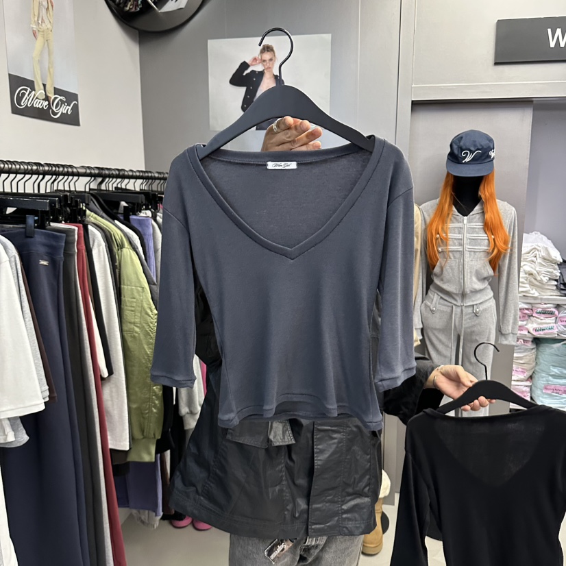 WAVE東大門代購女士新品人氣時尚推薦真品休閑熱賣T恤V領WAVET恤圖色3