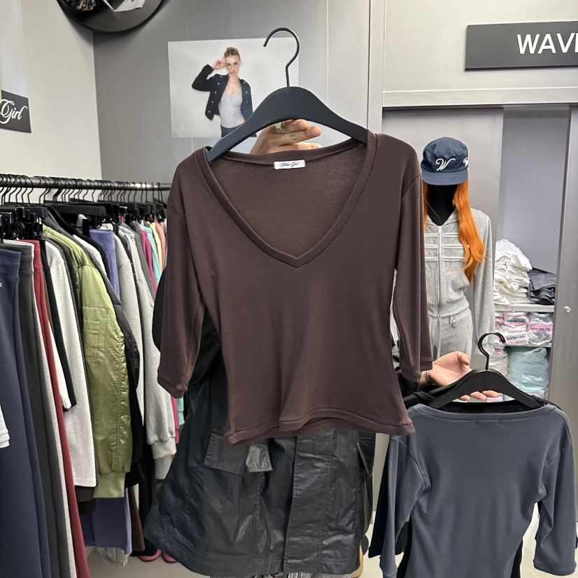 WAVE東大門代購女士新品人氣時尚推薦真品休閑熱賣T恤V領WAVET恤圖色4
