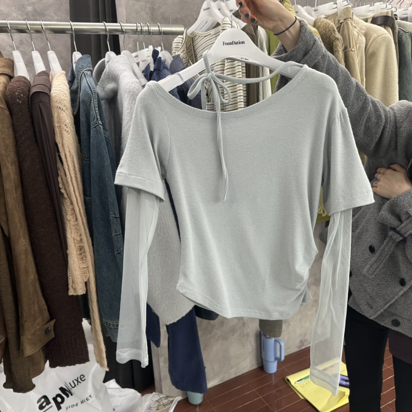 FOUNDATION韓國直郵女裝新品人氣推薦時尚長袖T恤假兩件褶皺FOUNDATION長袖T恤圖色1