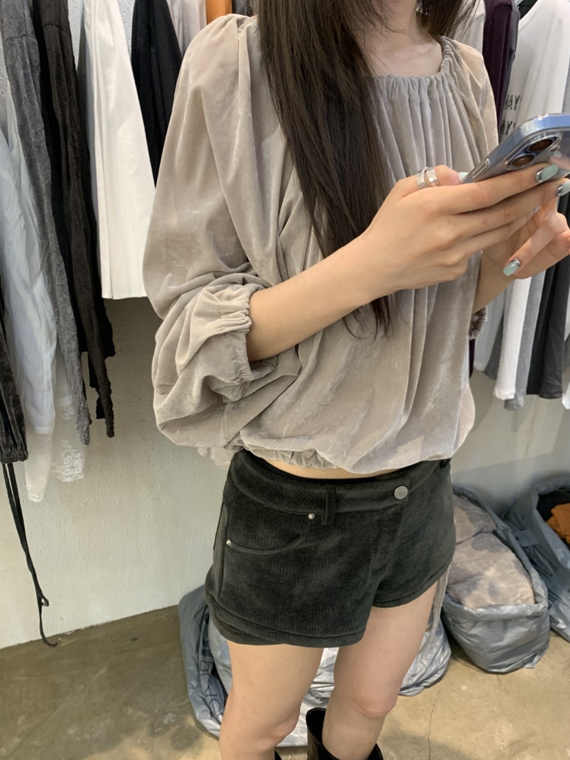 PLOVER韓國代購女裝新品休閑推薦人氣襯衫蕾絲衫天鵝絨褶皺PLO_VER襯衫/蕾絲衫