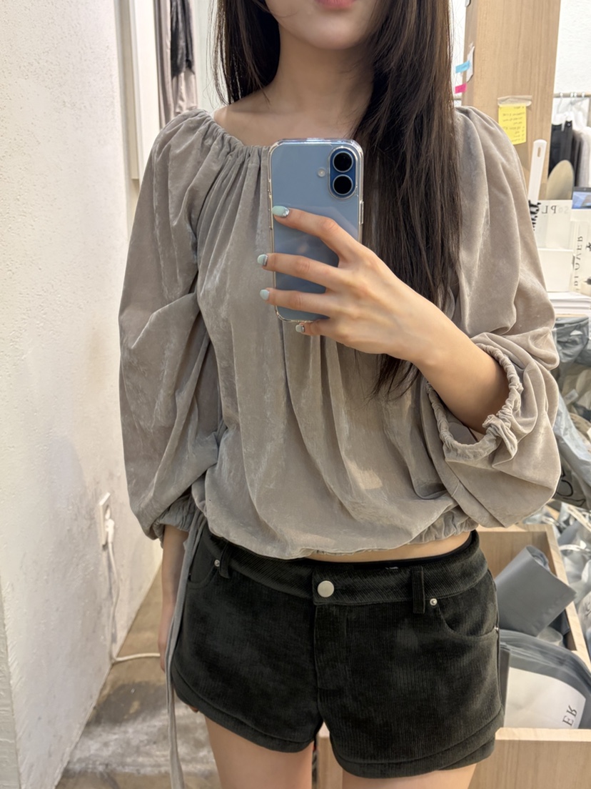 PLOVER韓國代購女裝新品休閑推薦人氣襯衫蕾絲衫天鵝絨褶皺PLO_VER襯衫/蕾絲衫