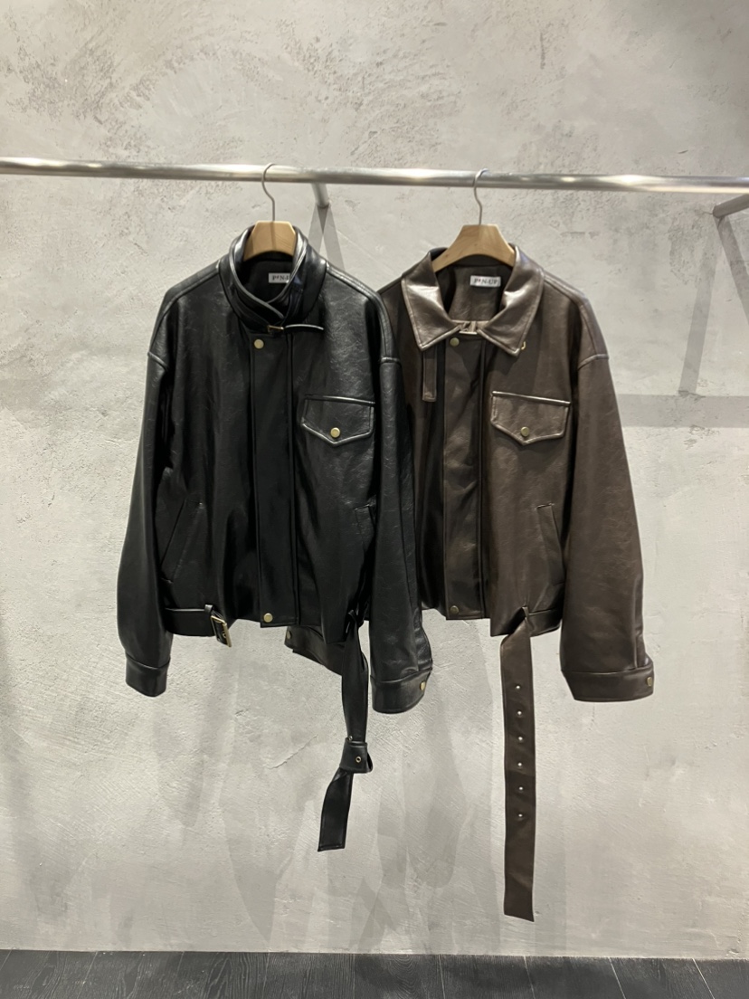 PIN-UP韓國直郵女士新品時尚推薦職業休閑熱賣皮衣含腰帶PIN-UP皮衣