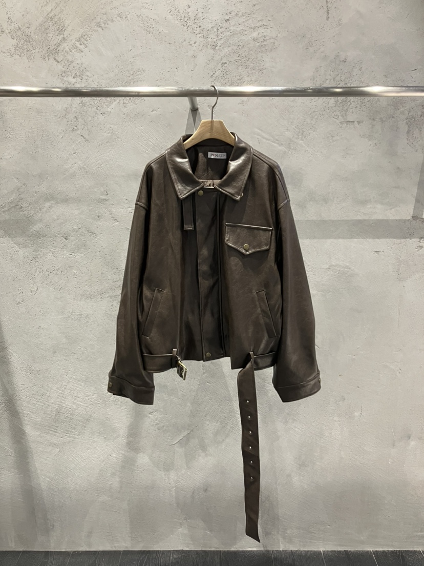 PIN-UP韓國直郵女士新品時尚推薦職業休閑熱賣皮衣含腰帶PIN-UP皮衣圖色2