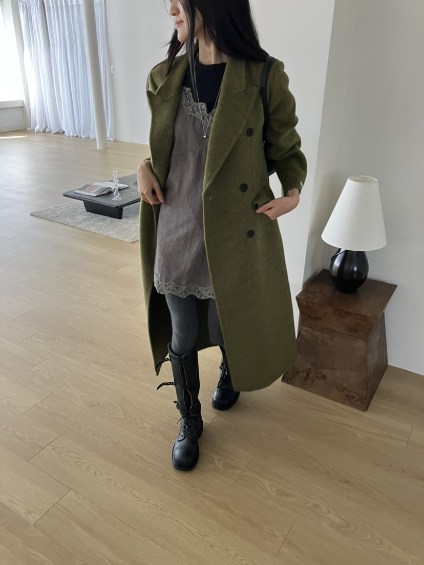 PIN-UP韓國直郵女裝新款時尚熱賣真品推薦中長款大衣手工PIN-UP中長款大衣