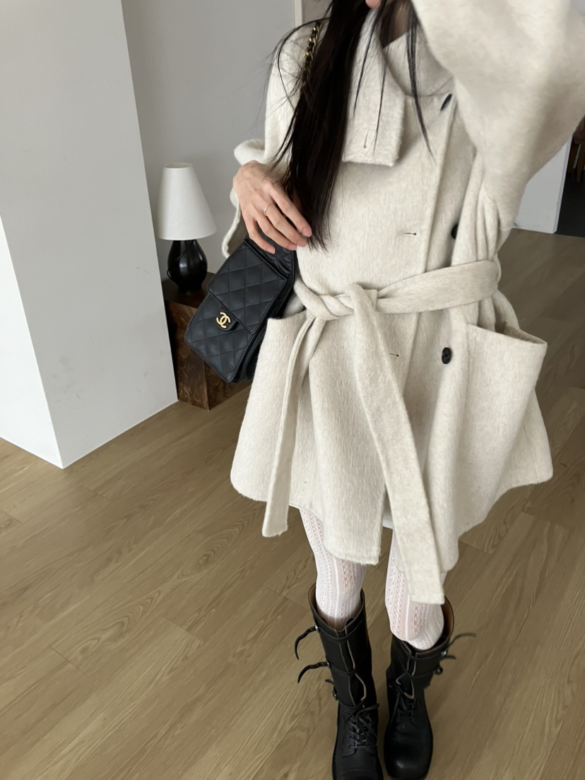 PIN-UP韓國直郵女裝新品推薦中長款大衣手工制作含腰帶高領PIN-UP中長款大衣