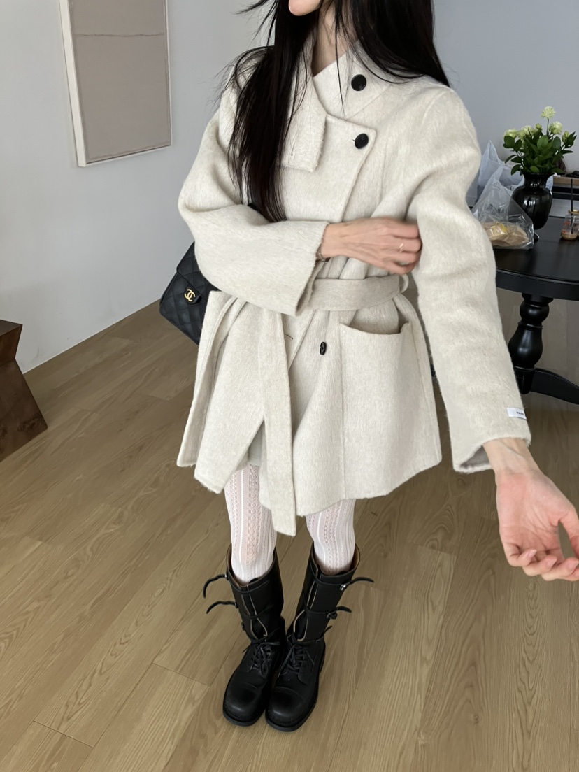 PIN-UP韓國直郵女裝新品推薦中長款大衣手工制作含腰帶高領PIN-UP中長款大衣