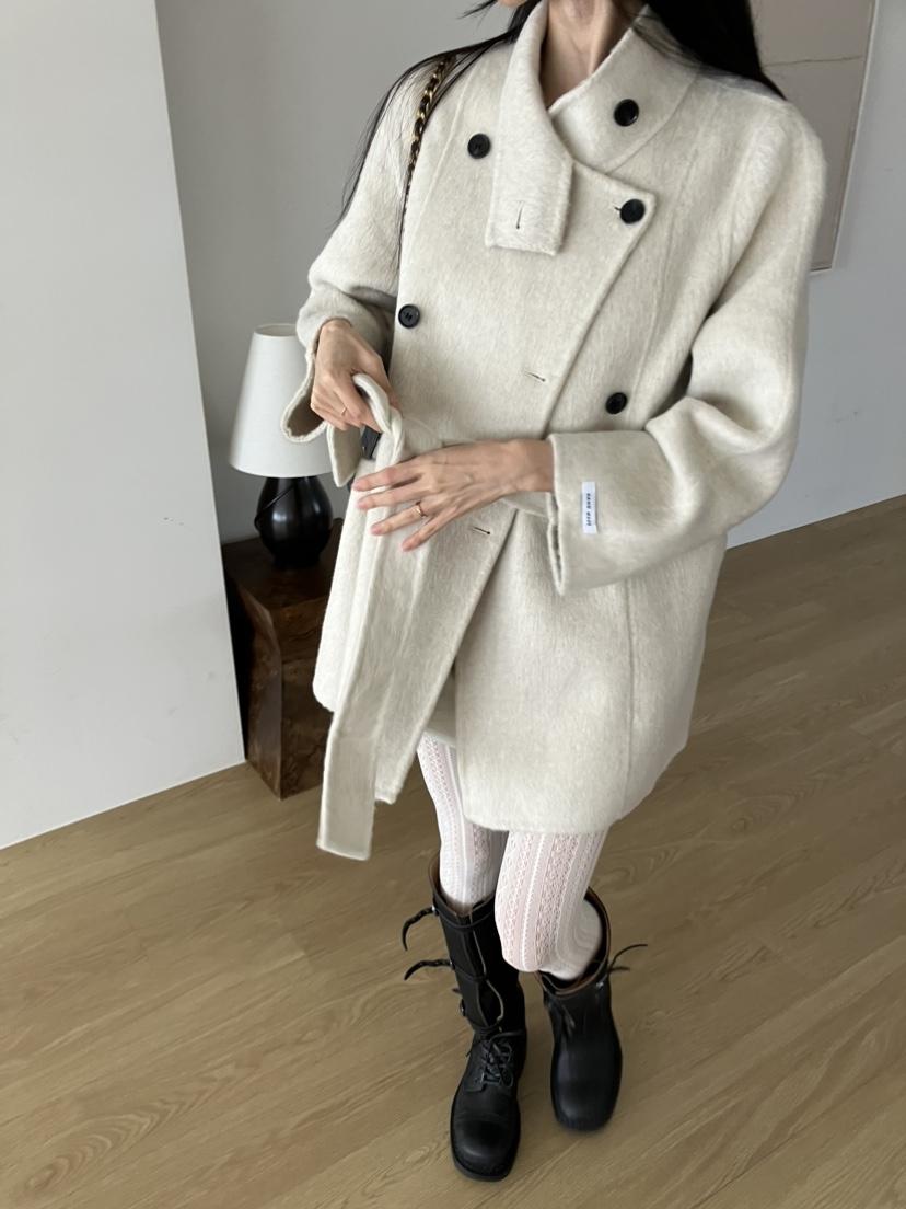 PIN-UP韓國直郵女裝新品推薦中長款大衣手工制作含腰帶高領PIN-UP中長款大衣