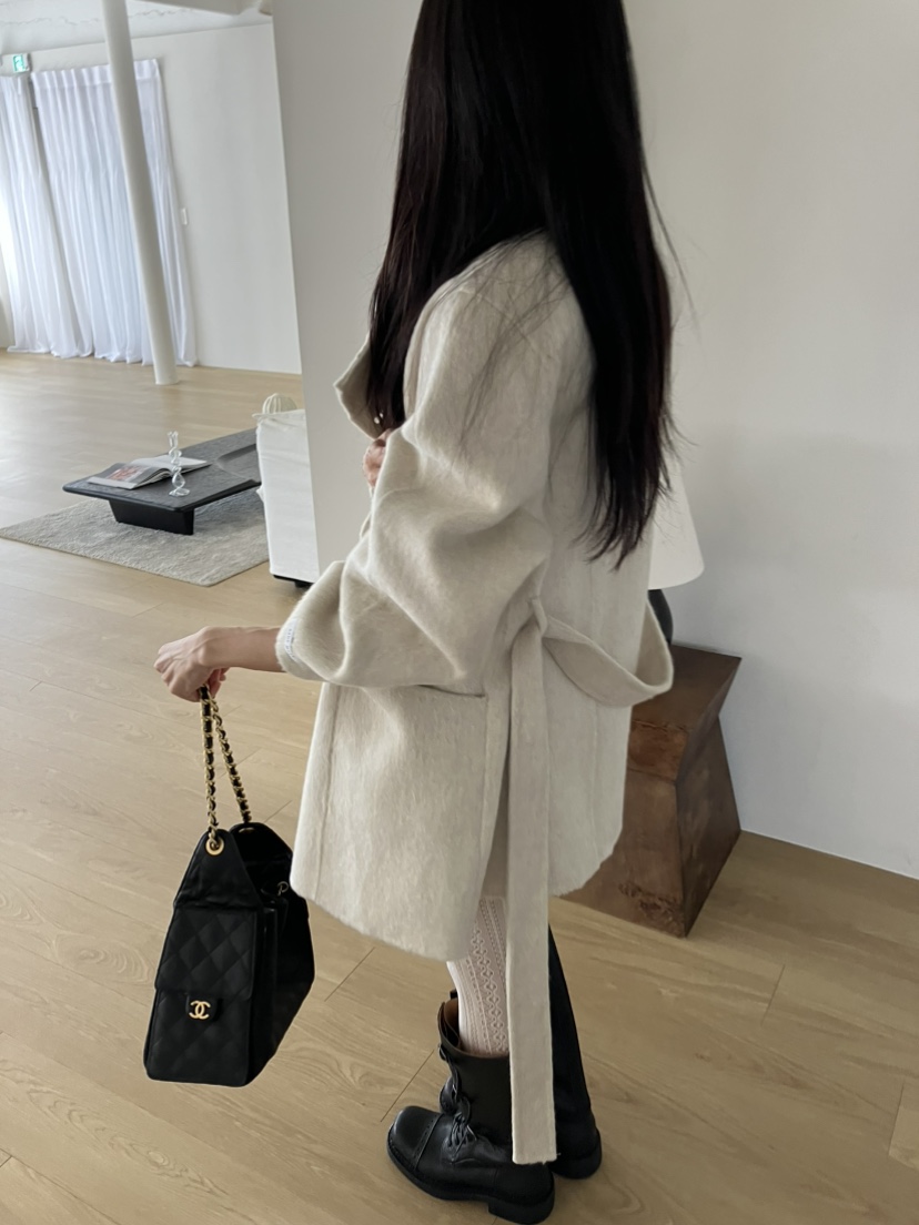 PIN-UP韓國直郵女裝新品推薦中長款大衣手工制作含腰帶高領PIN-UP中長款大衣