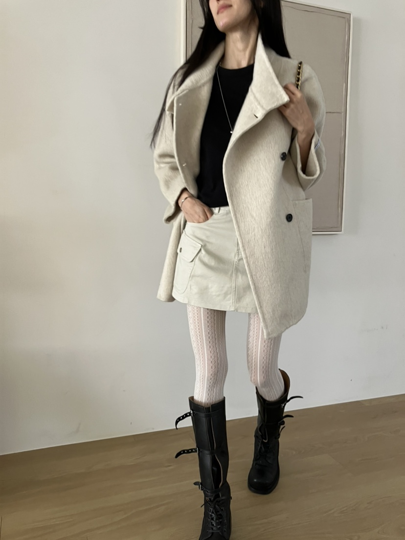 PIN-UP韓國直郵女裝新品推薦中長款大衣手工制作含腰帶高領PIN-UP中長款大衣