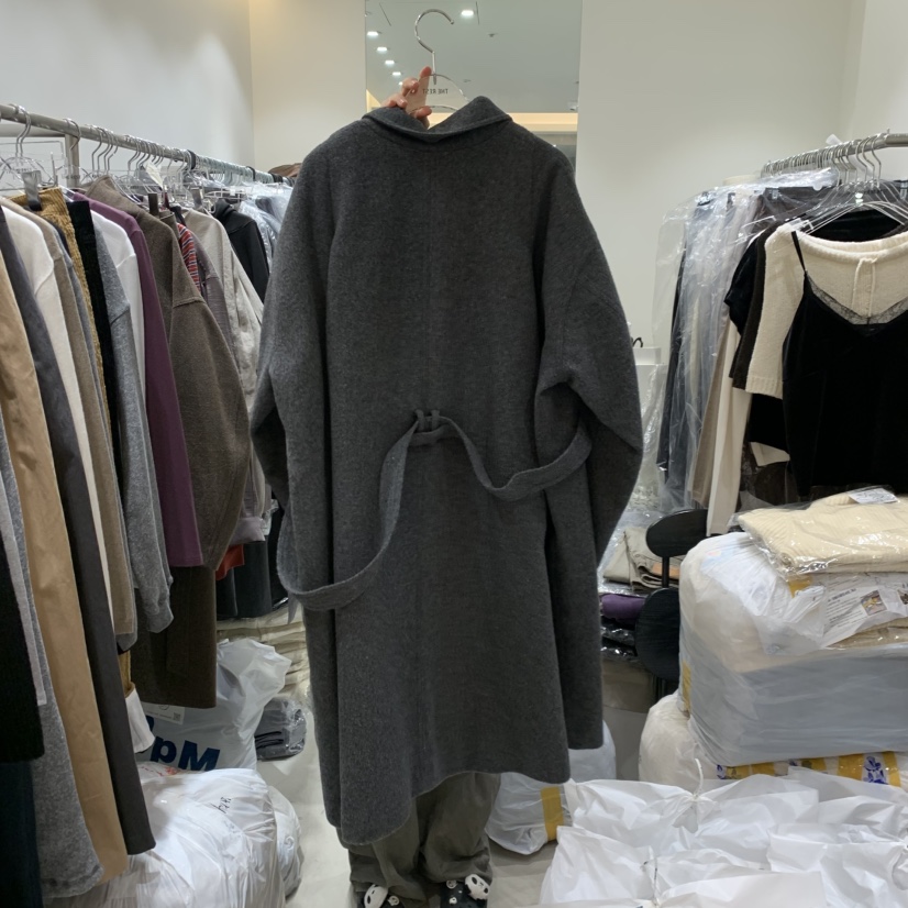 THE REST韓國直郵女士新品休閑中長款大衣含腰帶褶裥絎縫THE REST/UNNOEUD中長款大衣