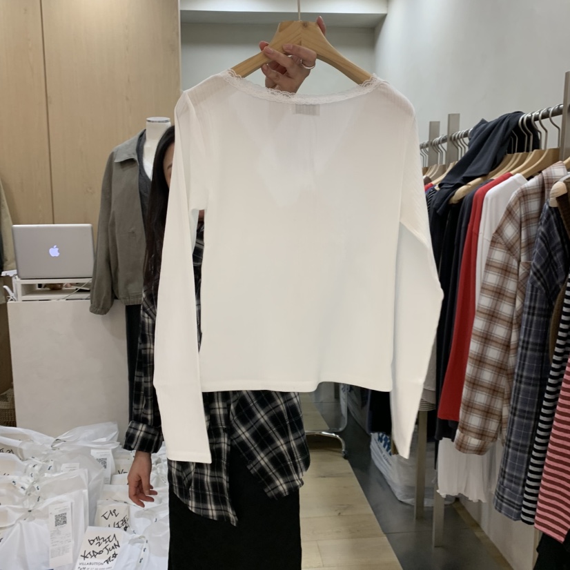 VILLABUTTON韓國代購女裝新品休閑推薦人氣長袖T恤蕾絲褶皺VILLA BUTTON長袖T恤