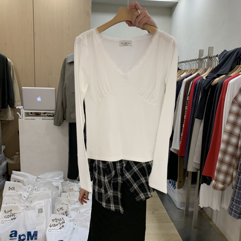 VILLABUTTON韓國代購女裝新品休閑推薦人氣長袖T恤蕾絲褶皺VILLA BUTTON長袖T恤圖色2