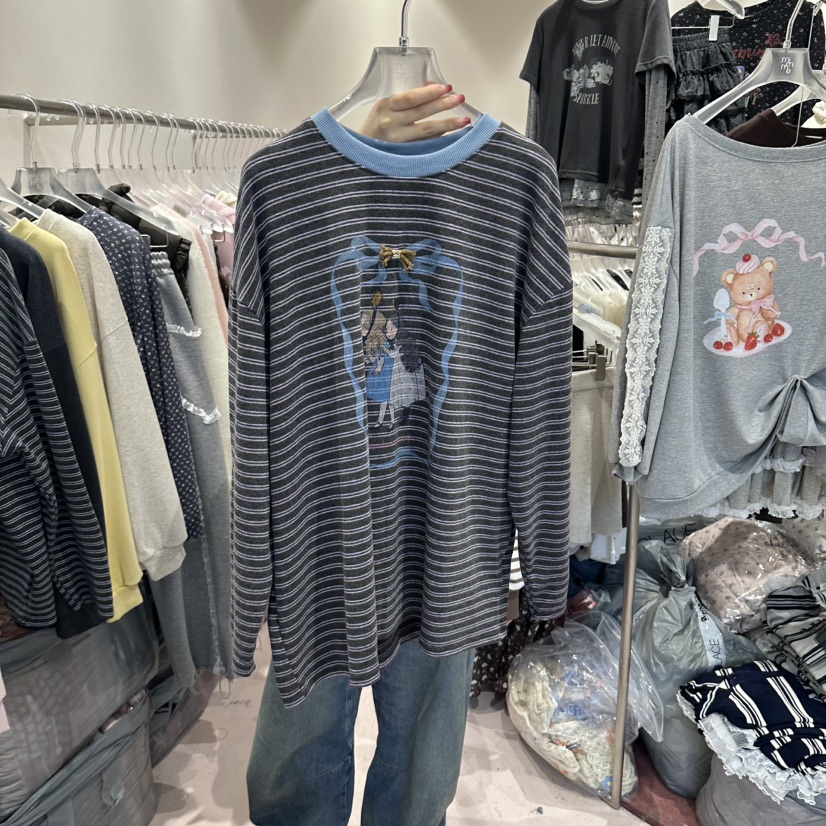 MIMME/LOOKK東大門實拍女裝新品人氣時尚長袖T恤撞色緞帶MIMME/LOOKK長袖T恤圖色1藍色