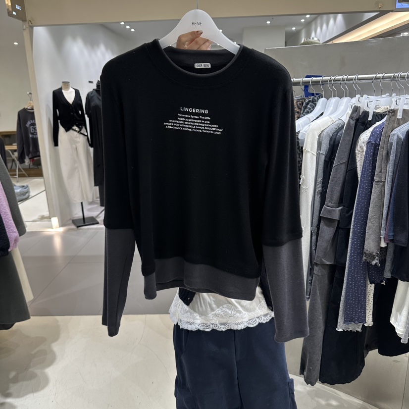 BENE韓國代購女裝新款推薦休閑時尚熱賣長袖T恤不含圍巾羊絨SHOP BENE_Bene長袖T恤圖色5黑色