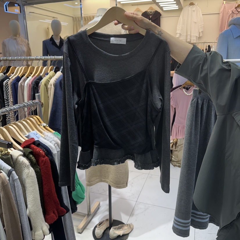 BIKINI韓國直郵女士新品休閑推薦熱賣人氣時尚長袖T恤格子BIKINI長袖T恤圖色2