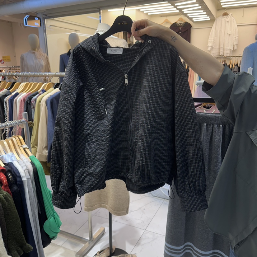 BIKINI東大門實拍女士新品熱賣時尚推薦真品夾克連帽衫格紋BIKINI夾克圖色2黑色