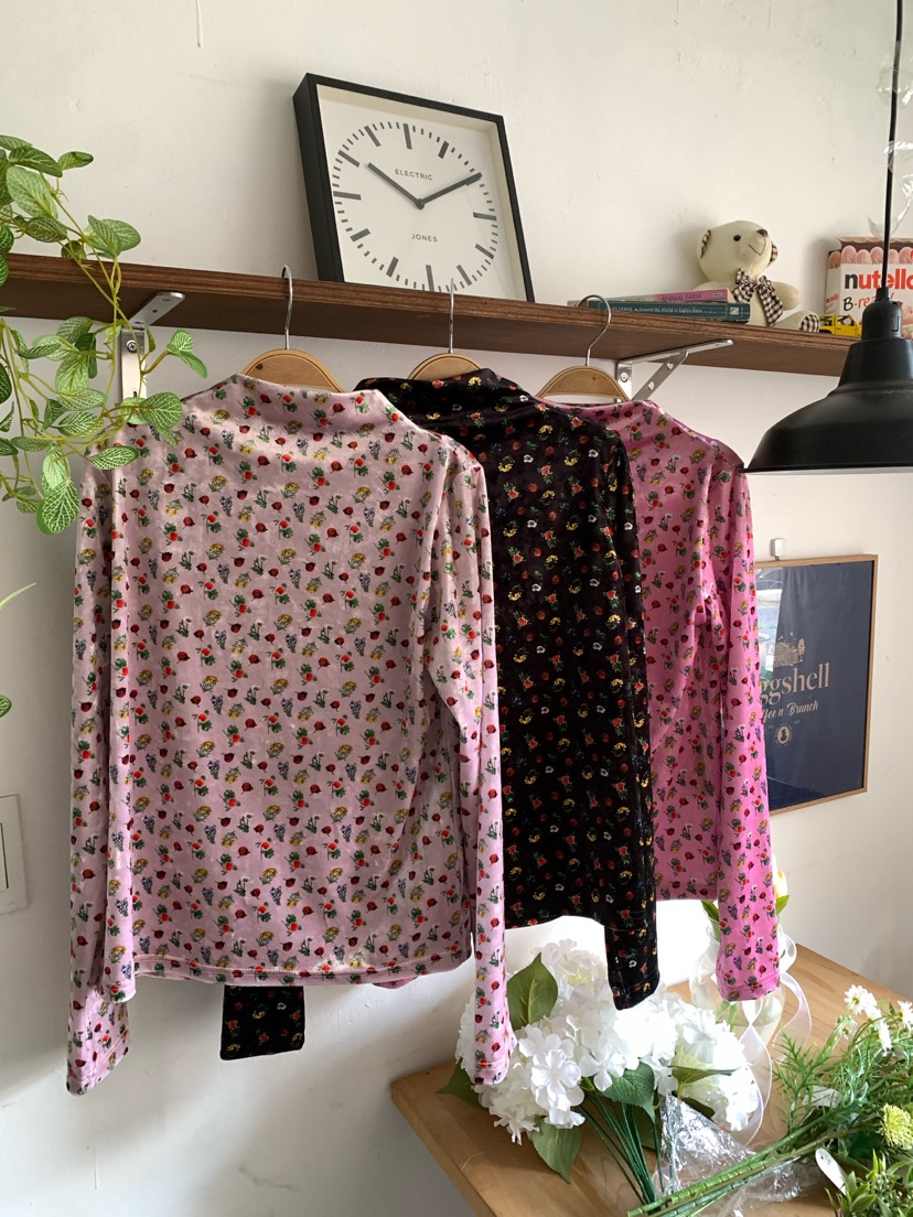 MAISONDEGLORY東大門直郵女裝新品休閑長袖T恤天鵝絨花朵高領Maison de glory長袖T恤