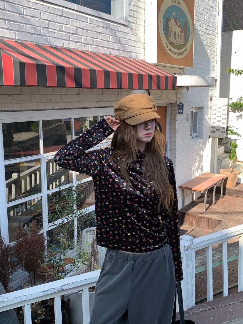 MAISONDEGLORY東大門直郵女裝新品休閑長袖T恤天鵝絨花朵高領Maison de glory長袖T恤