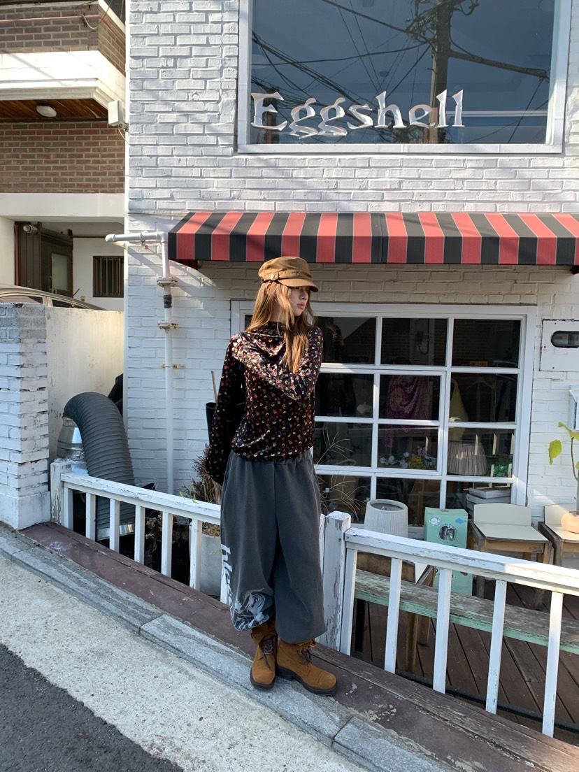 MAISONDEGLORY東大門直郵女裝新品休閑長袖T恤天鵝絨花朵高領Maison de glory長袖T恤