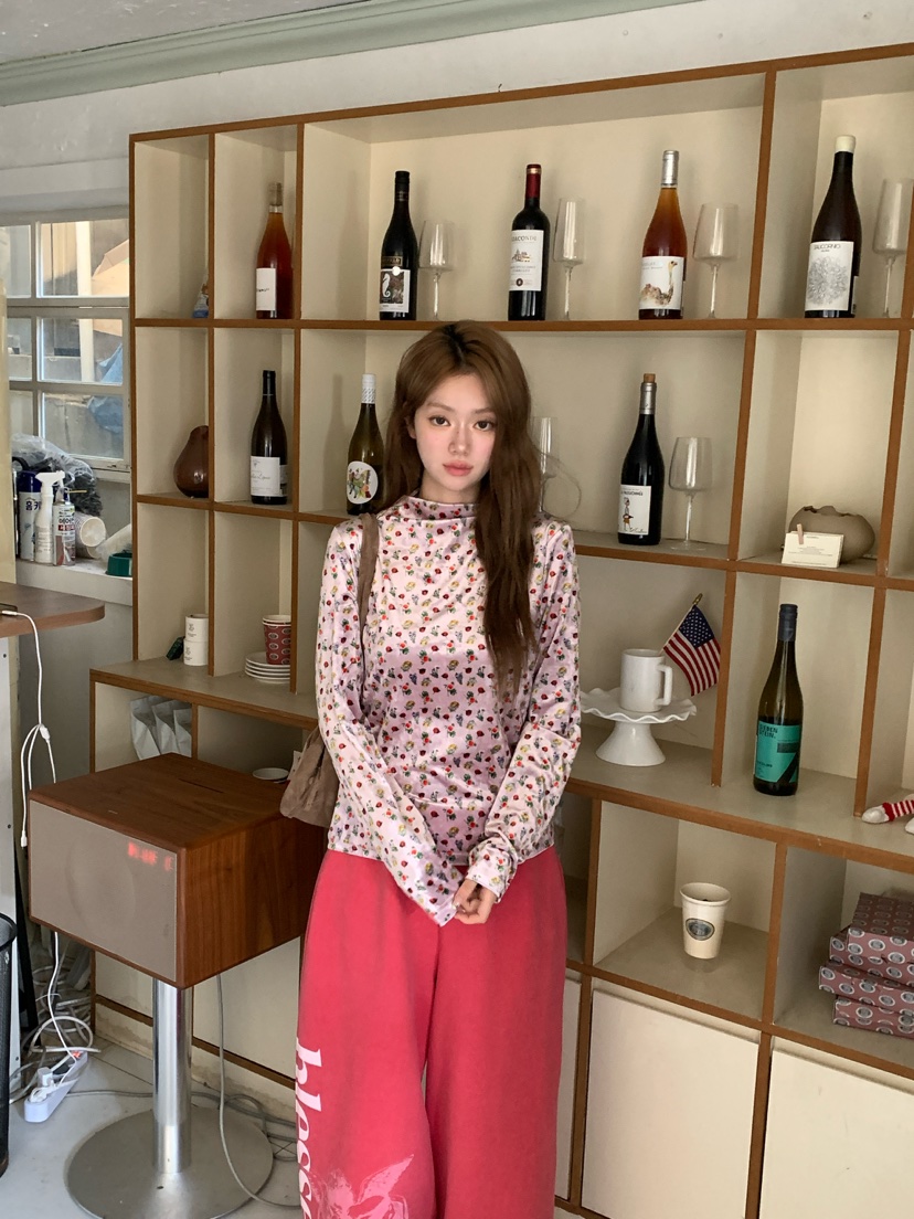 MAISONDEGLORY東大門直郵女裝新品休閑長袖T恤天鵝絨花朵高領Maison de glory長袖T恤