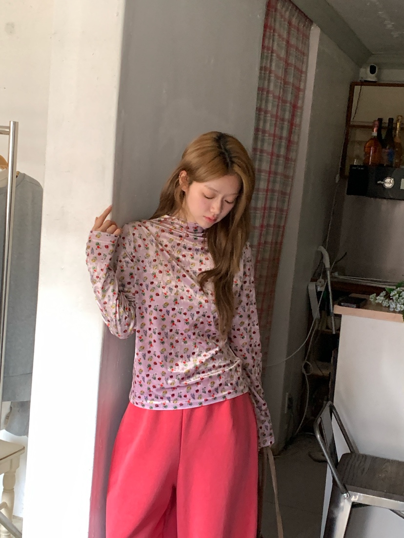 MAISONDEGLORY東大門直郵女裝新品休閑長袖T恤天鵝絨花朵高領Maison de glory長袖T恤
