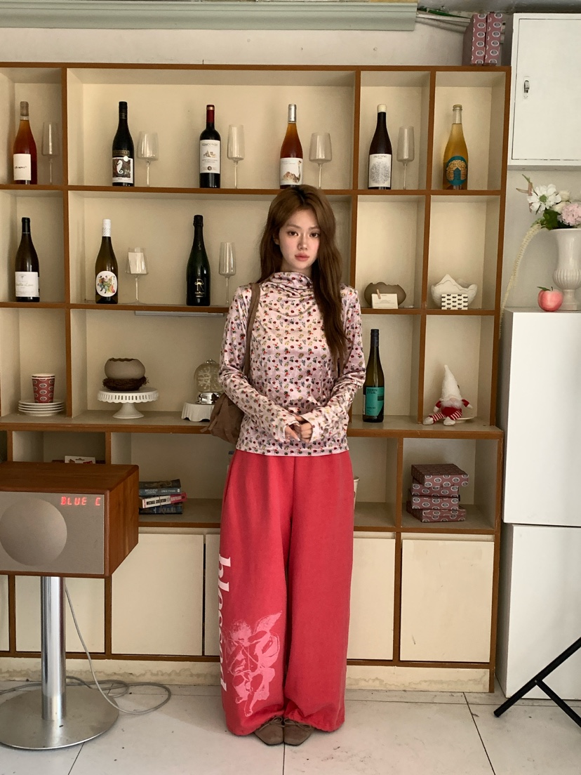 MAISONDEGLORY東大門直郵女裝新品休閑長袖T恤天鵝絨花朵高領Maison de glory長袖T恤