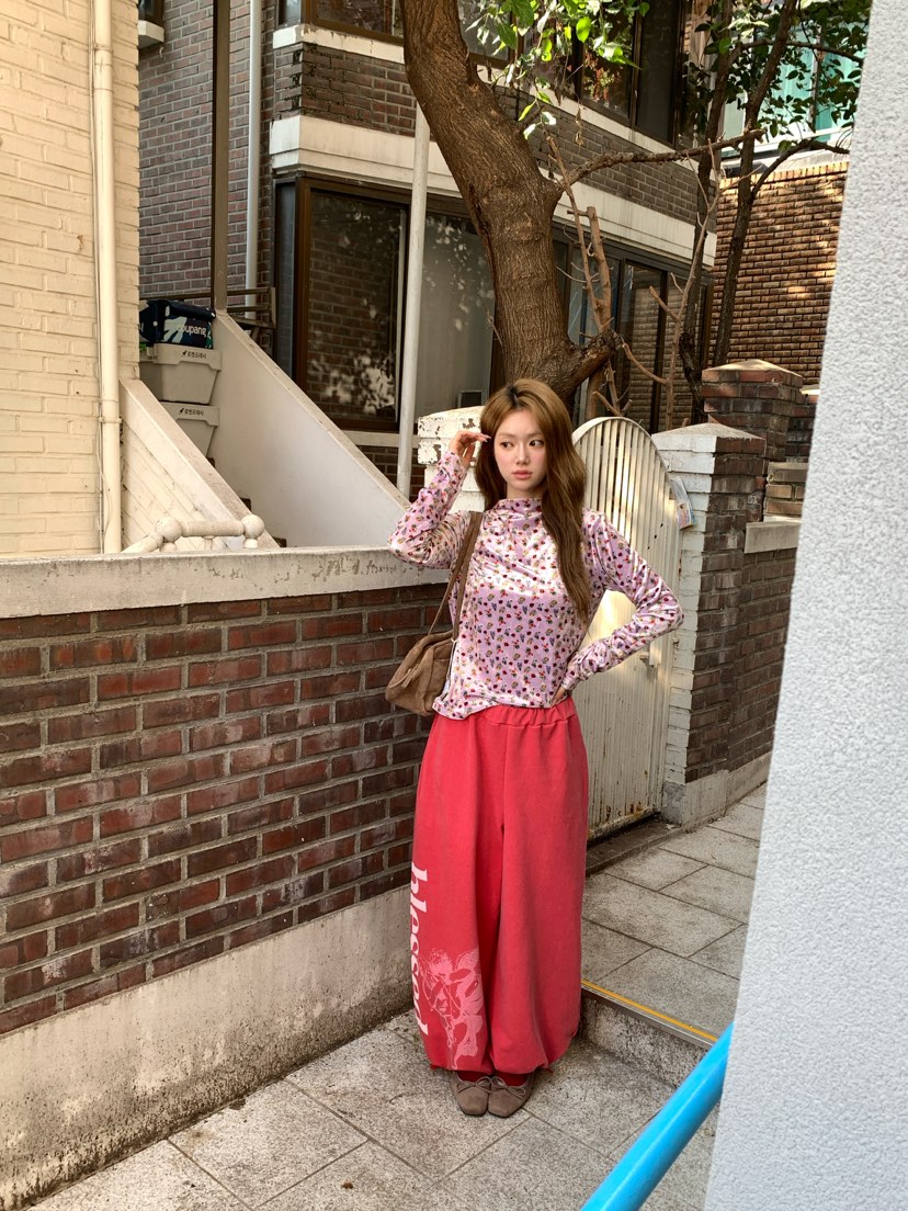 MAISONDEGLORY東大門直郵女裝新品休閑長袖T恤天鵝絨花朵高領Maison de glory長袖T恤