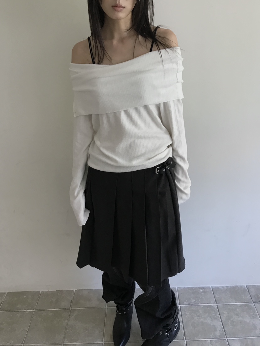 ENHANCE/HOPESMORE韓國代購女裝新品推薦長袖T恤露肩紐扣ENHANCE/HOPESMORE長袖T恤