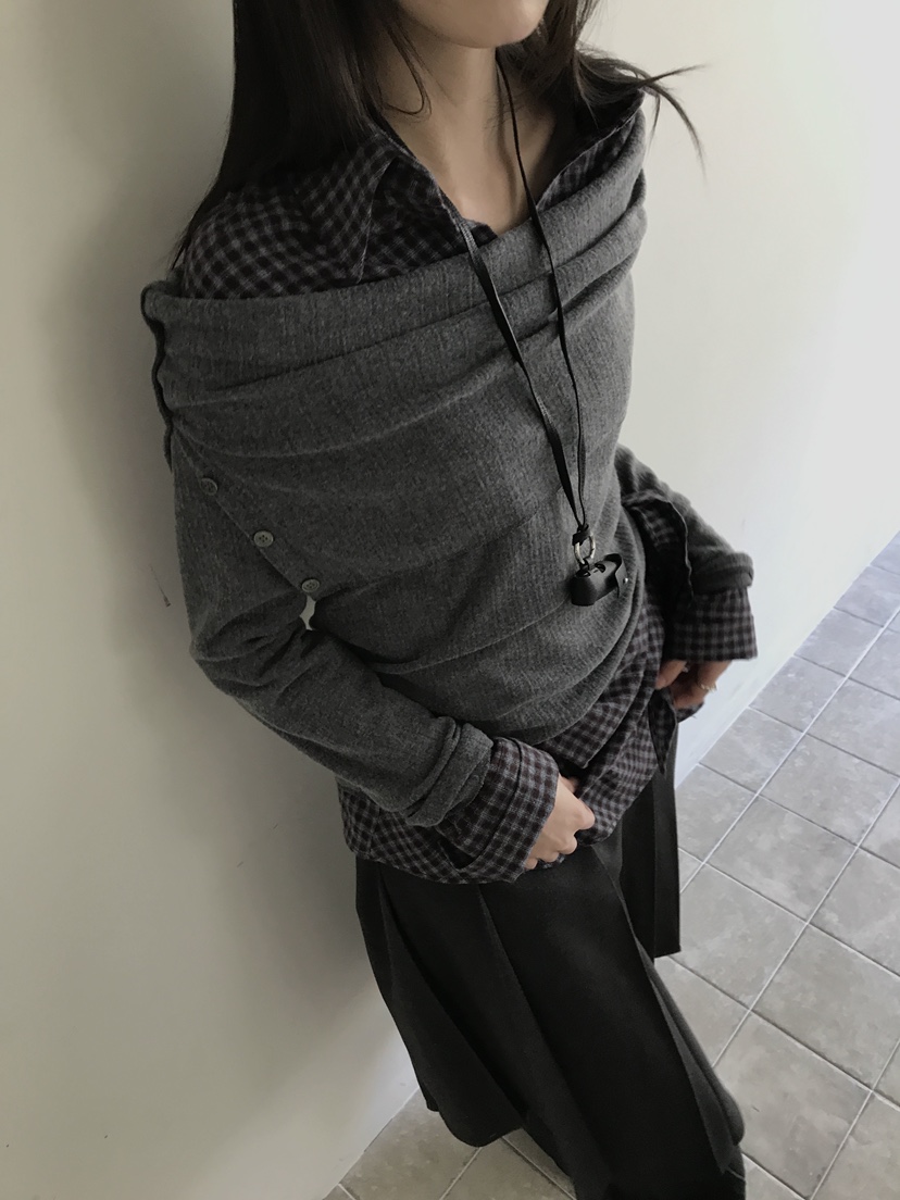 ENHANCE/HOPESMORE韓國代購女裝新品推薦長袖T恤露肩紐扣ENHANCE/HOPESMORE長袖T恤