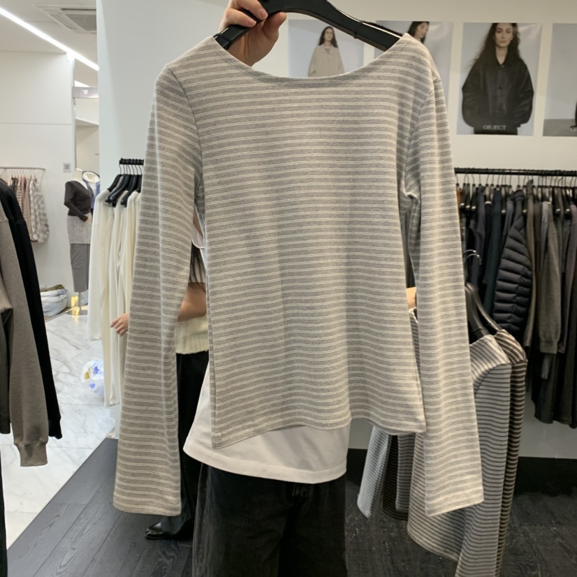 OBJECT韓國代購女裝新品時尚人氣推薦熱賣長袖T恤船領條紋OBJECT長袖T恤圖色1灰/白條紋