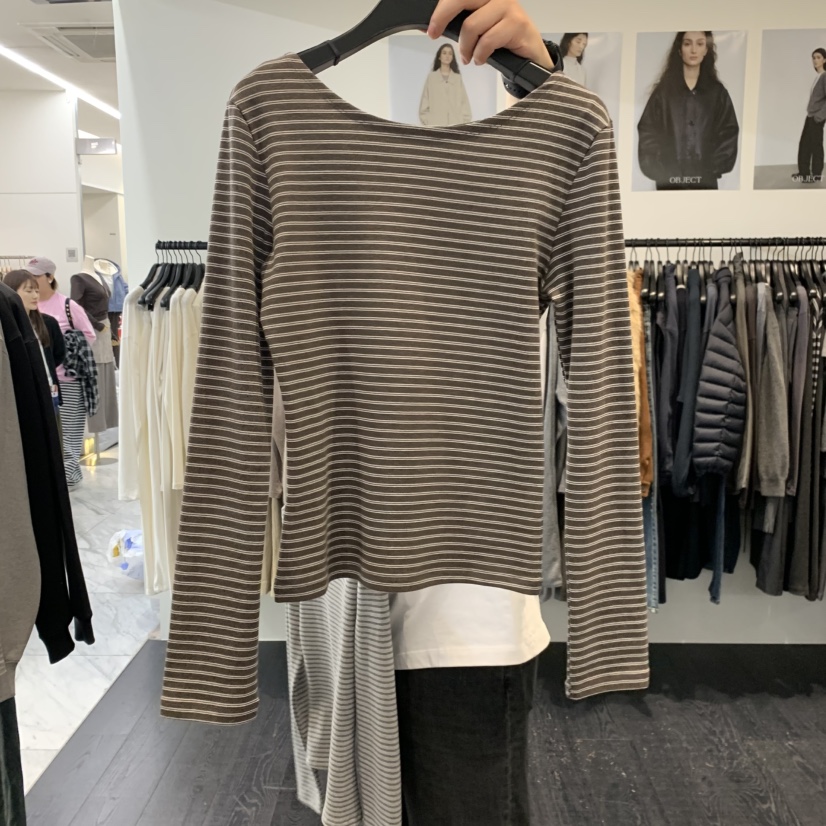 OBJECT韓國代購女裝新品時尚人氣推薦熱賣長袖T恤船領條紋OBJECT長袖T恤圖色3棕色