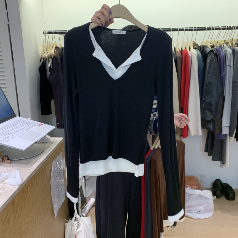 W AND J韓國直郵女裝新款人氣時尚熱賣長袖T恤假兩件撞色WANDJ長袖T恤圖色4