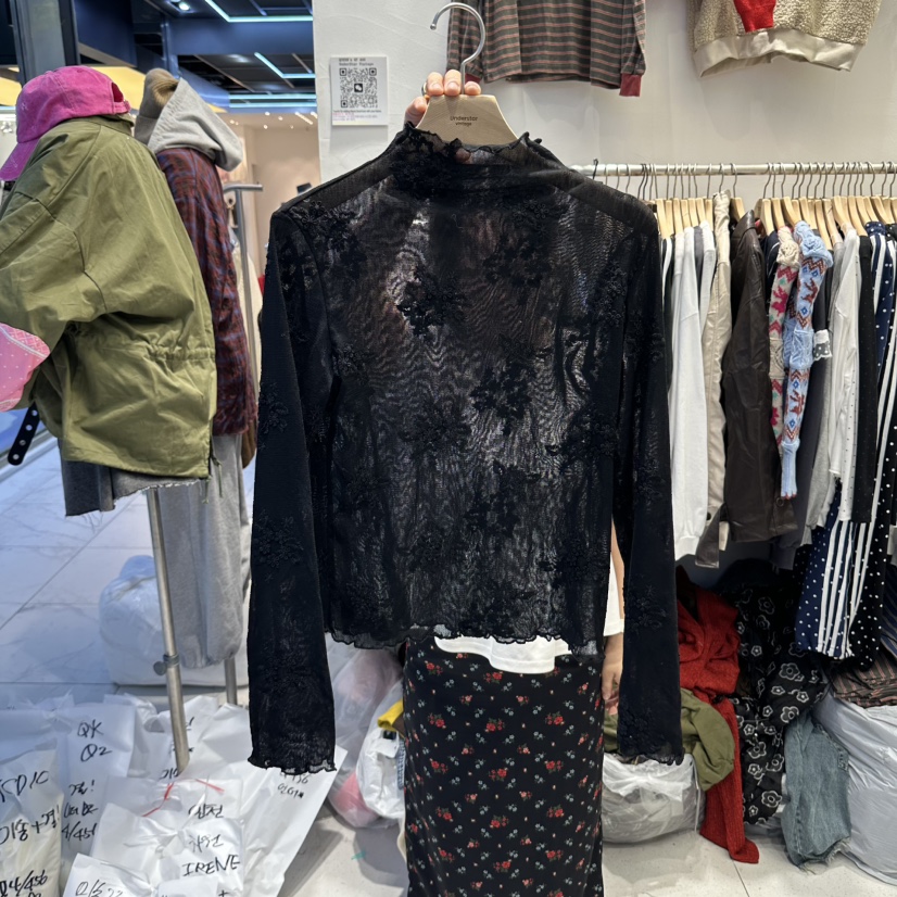 UNDERSTAR_VINTAGE韓國代購女士新品熱賣長袖T恤刺繡高領透視UNDERSTAR_VINTAGE長袖T恤圖色3