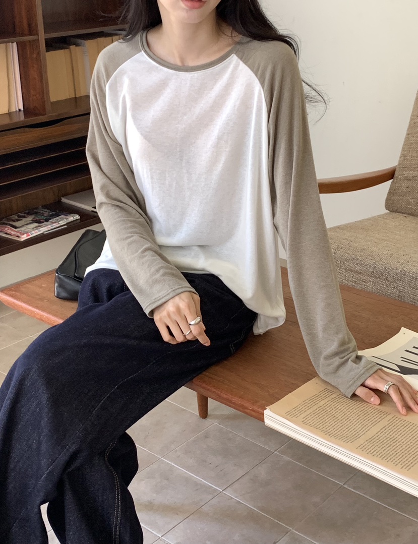 NOTICE東大門代購女士新品推薦休閑時尚長袖T恤插肩袖撞色NOTICE長袖T恤