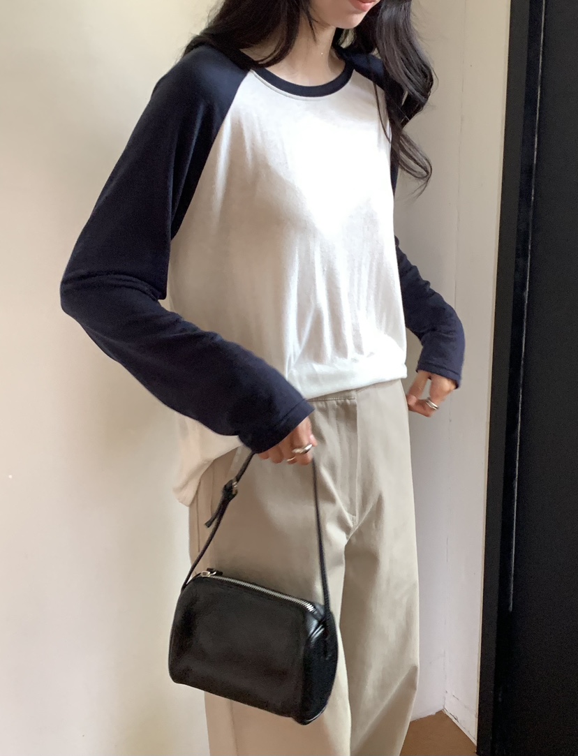 NOTICE東大門代購女士新品推薦休閑時尚長袖T恤插肩袖撞色NOTICE長袖T恤