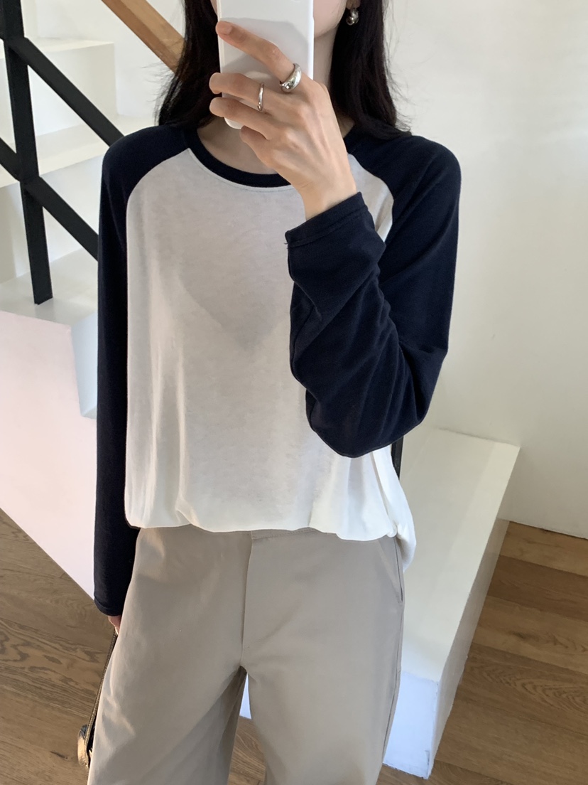 NOTICE東大門代購女士新品推薦休閑時尚長袖T恤插肩袖撞色NOTICE長袖T恤