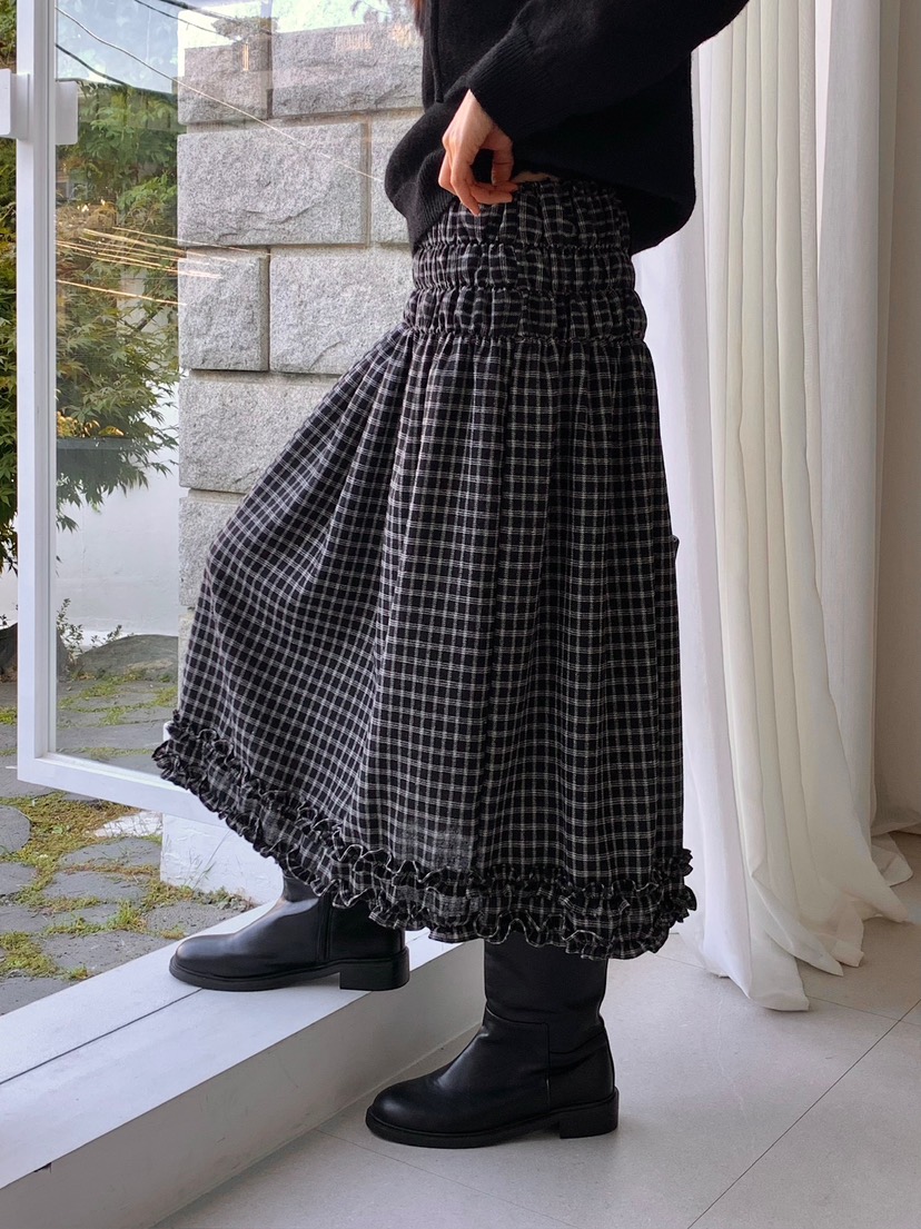 BLEECKER韓國代購女士新品人氣真品推薦休閑長裙格子褶皺BLEECKER長裙