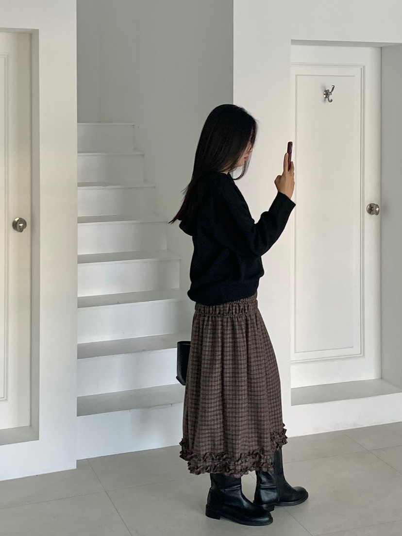 BLEECKER韓國代購女士新品人氣真品推薦休閑長裙格子褶皺BLEECKER長裙