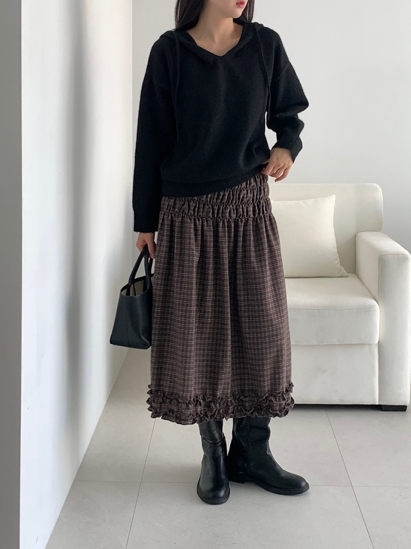 BLEECKER韓國代購女士新品人氣真品推薦休閑長裙格子褶皺BLEECKER長裙