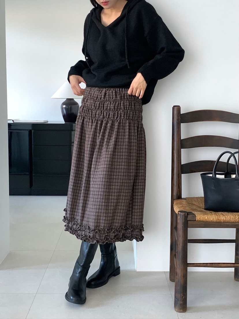 BLEECKER韓國代購女士新品人氣真品推薦休閑長裙格子褶皺BLEECKER長裙