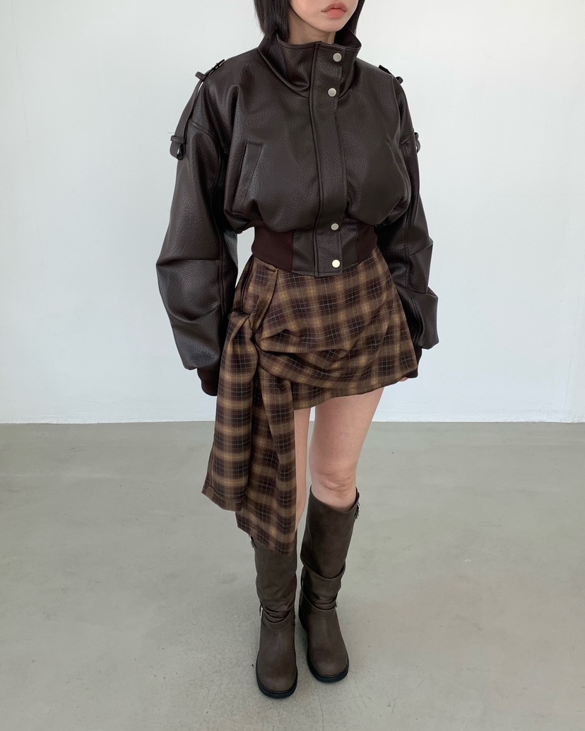 2TWO MOON韓國直郵女士新款時尚休閑熱賣人氣皮衣高領短款2TWO MOON皮衣
