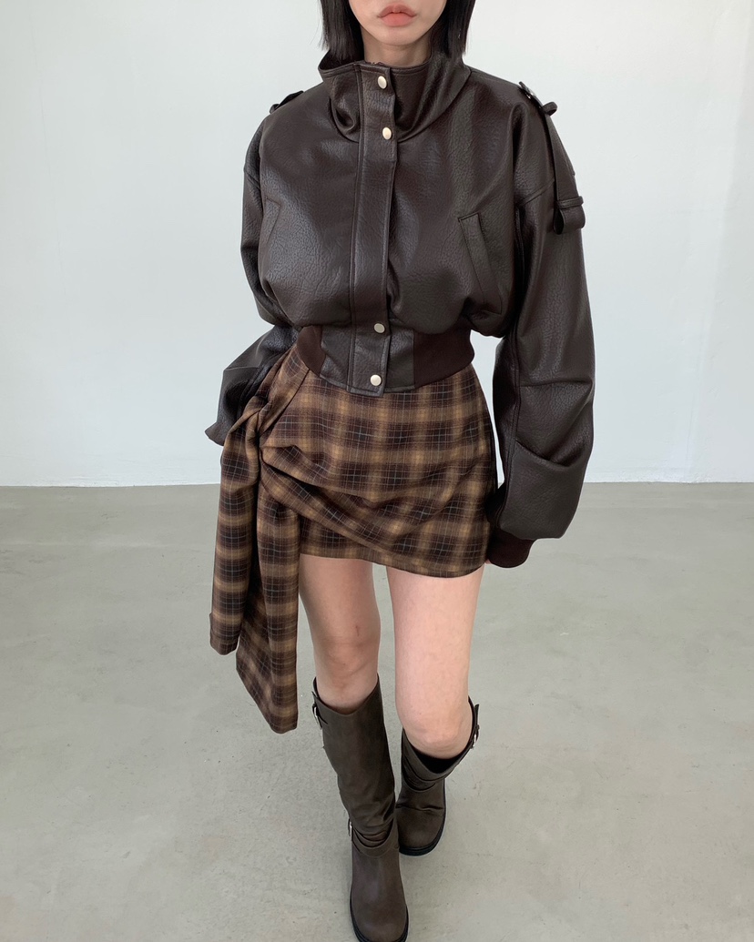 2TWO MOON韓國直郵女士新款時尚休閑熱賣人氣皮衣高領短款2TWO MOON皮衣圖色1